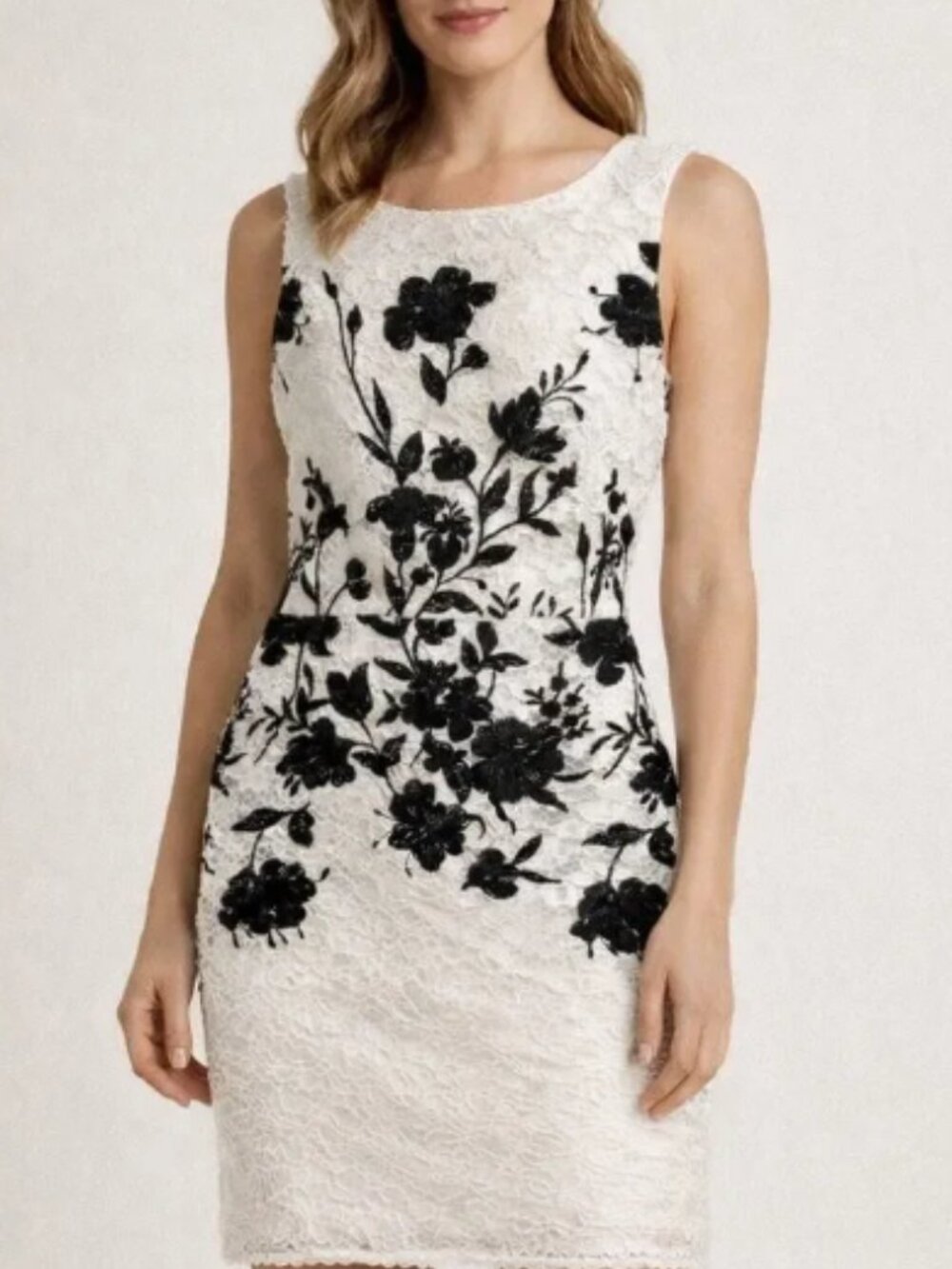 DKNY White Lace Midi Dress with Black Floral. Size 2